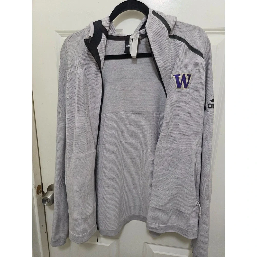 Adidas Washington‎ Huskies Full-Zip Gray Hoodie Sweatshirt Raglan Sleeves Zipper